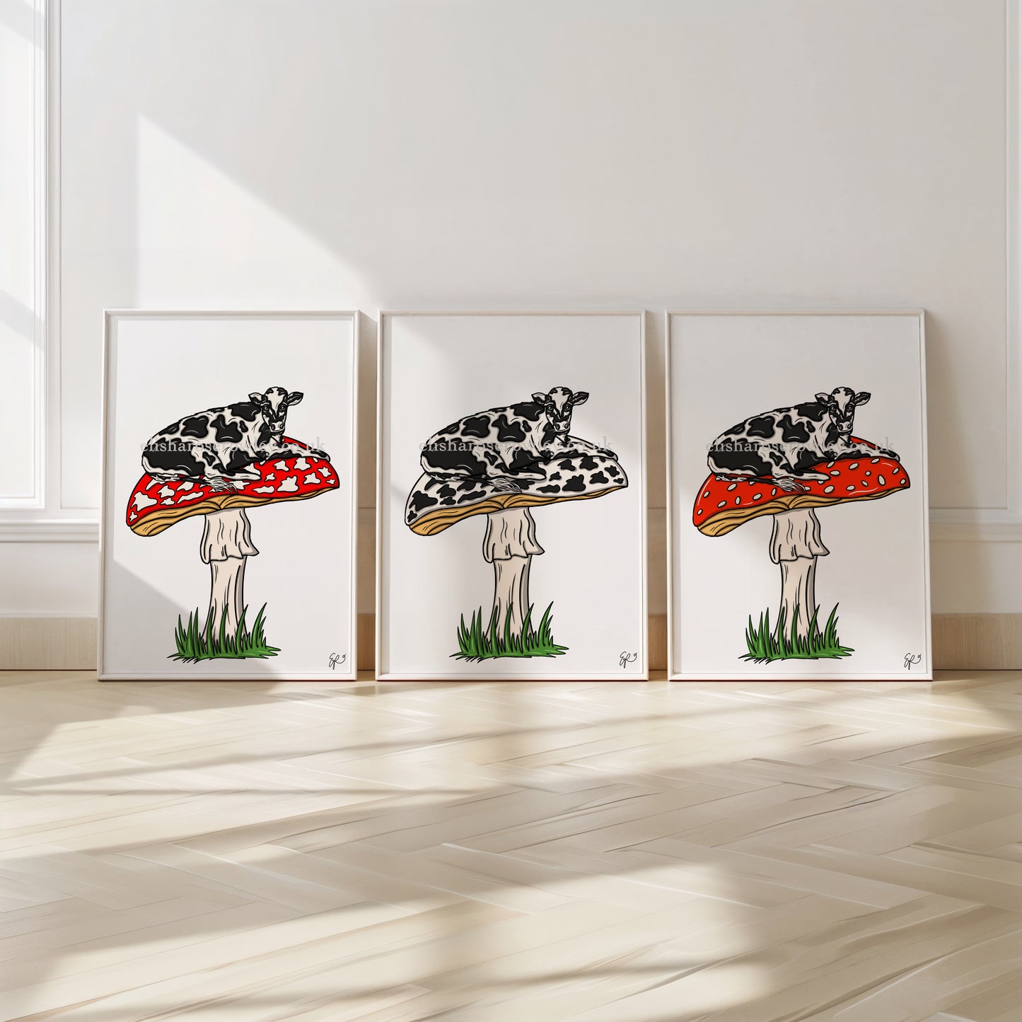 MOOshroom! - 3 Variations. Cow Print, Mushroom Illustrated Art Print
