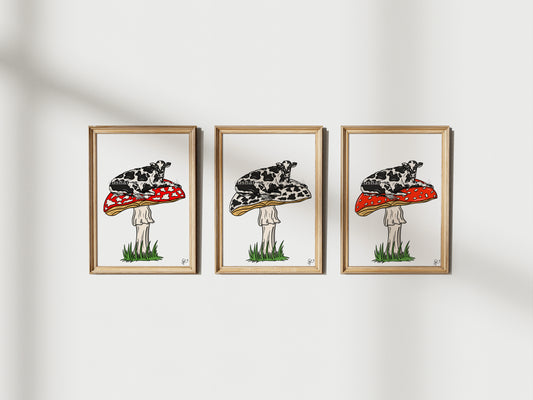 MOOshroom! - 3 Variations. Cow Print, Mushroom Illustrated Art Print