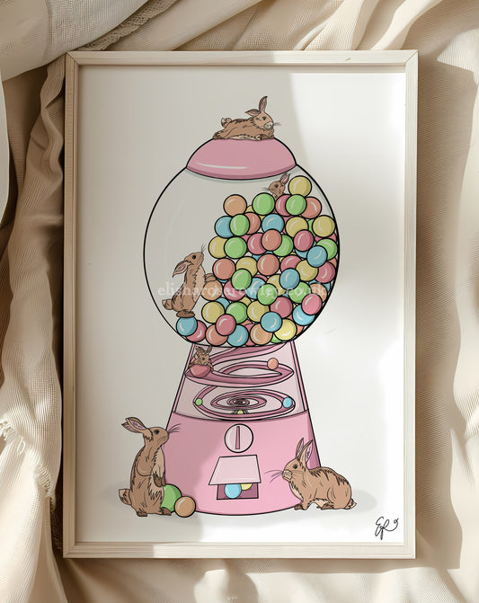 Bubblegum Bunnies - Bunny Rabbits in a Gumball Machine, Kitchen/Bedroom/Nursery Wall Art Print