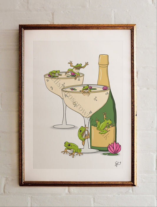 Fizzy Frogs - Frogs in Champagne Cocktail Glass, Kitchen Wall Art Print