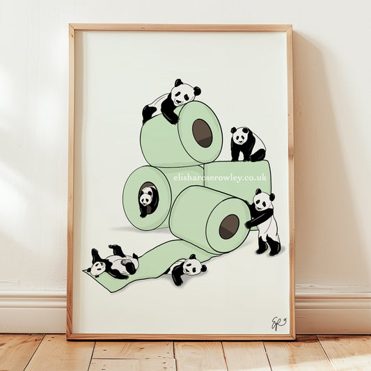Roll with the Pandas - Panda's with Toilet Roll, Bathroom Wall Art Print