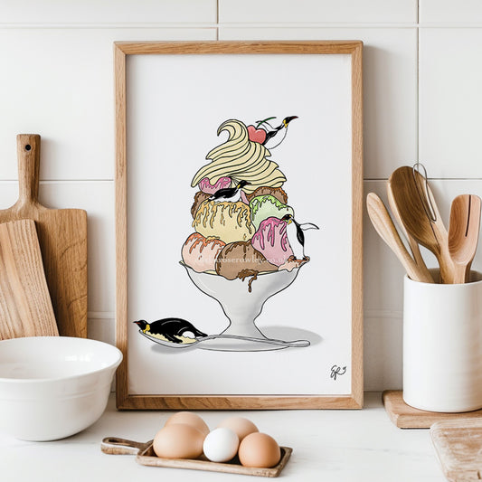 Sundae School for Penguins - Ice Cream Penguins, Kitchen/Bedroom Wall Art Print