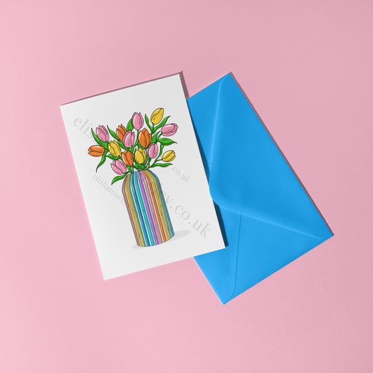 Rainbow Tulips, Springtime Floral Greeting Card - Blank/Birthday/Mother's Day