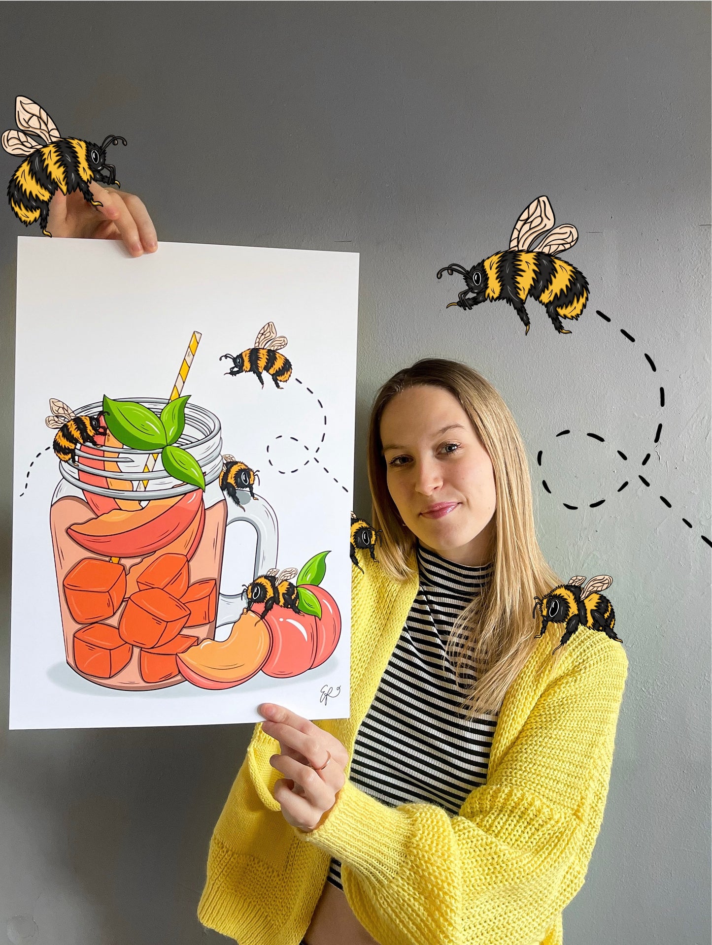 Peachy Iced Bees - Hand-drawn and Illustrated Art Print