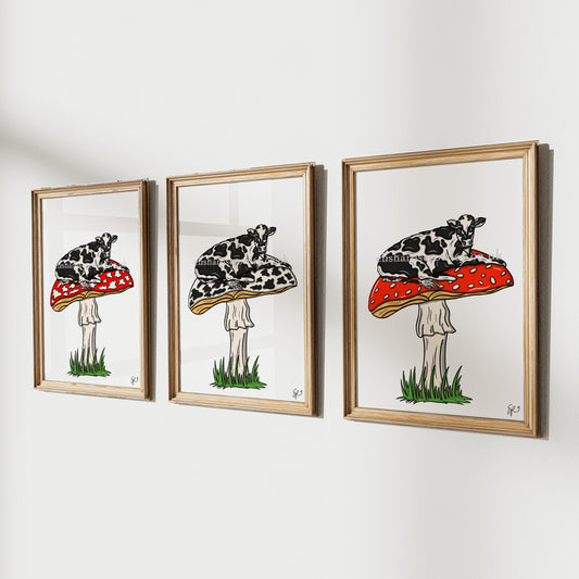 MOOshroom! - 3 Variations. Cow Print, Mushroom Wall Art Print