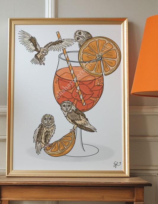 AperOWL Spritz - Owls and Aperol Spritz, Cocktail Kitchen Wall Art Print
