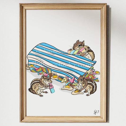 Chip 'N' Mix - Available in 2 Colours - Chipmunks eating Sweets, Kitchen/Bedroom Wall Art Print