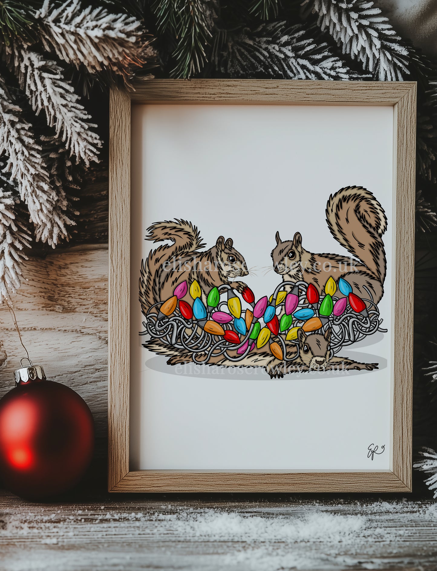 Merry Squirrels! Hand-drawn and Illustrated Art Print. Squirrels with Christmas Lights!