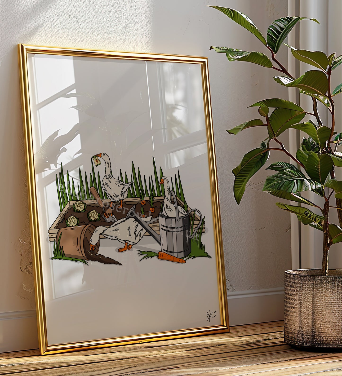 Gardening Geese - Hand-drawn and Illustrated Art Print