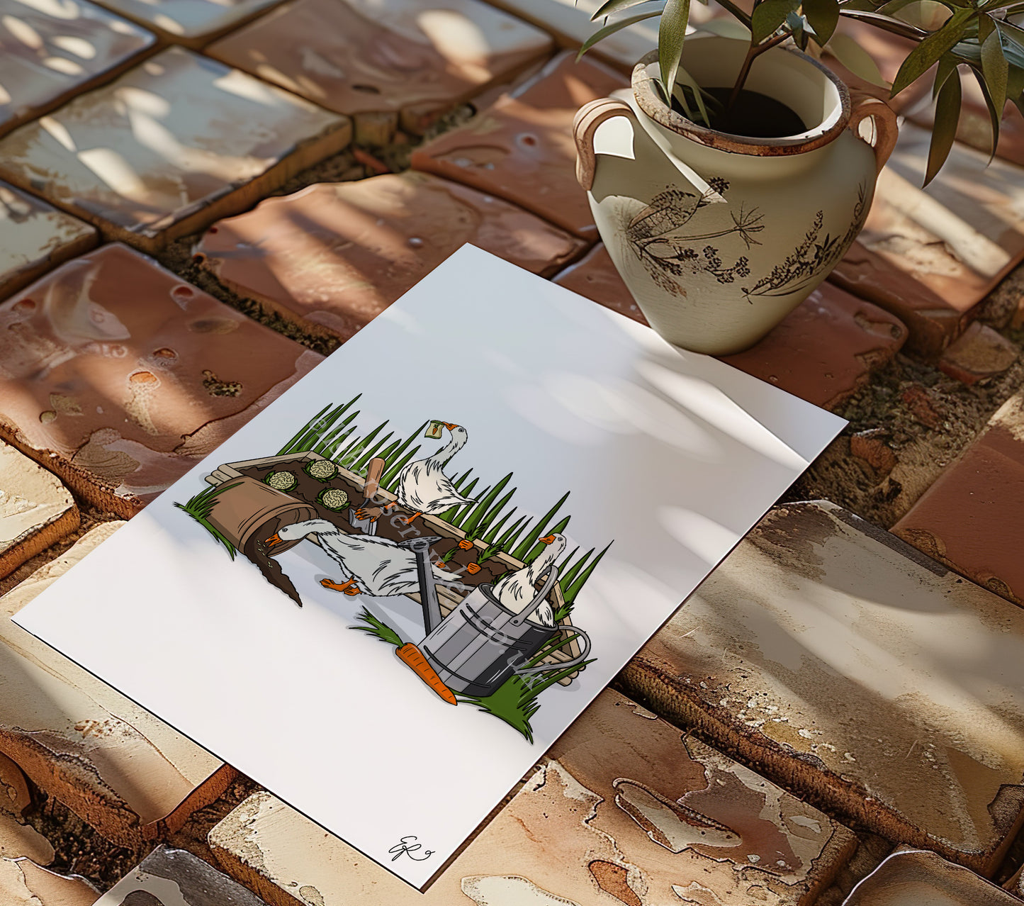 Gardening Geese - Hand-drawn and Illustrated Art Print
