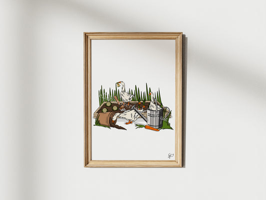 Gardening Geese - Hand-drawn and Illustrated Art Print