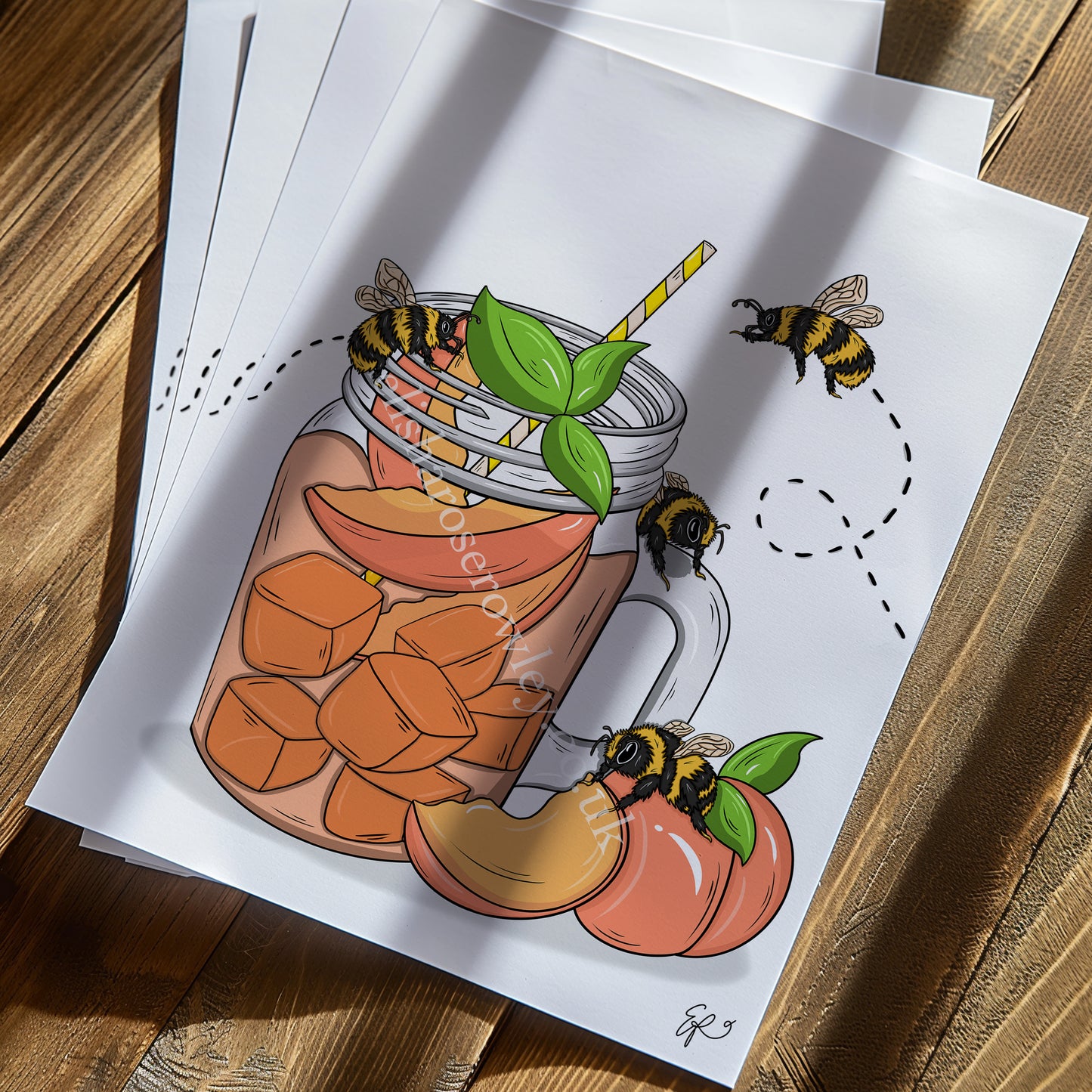 Peachy Iced Bees - Hand-drawn and Illustrated Art Print