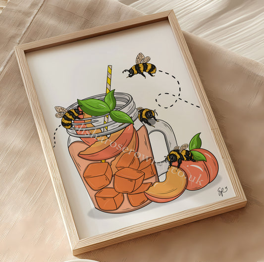 Peachy Iced Bees - Bees and Peach Iced Tea, Kitchen Wall Art Print