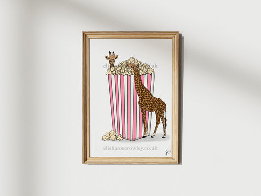 Sweet and Salty - Popcorn Giraffes, Kitchen/Bedroom Wall Art Print - Available in 2 Colours