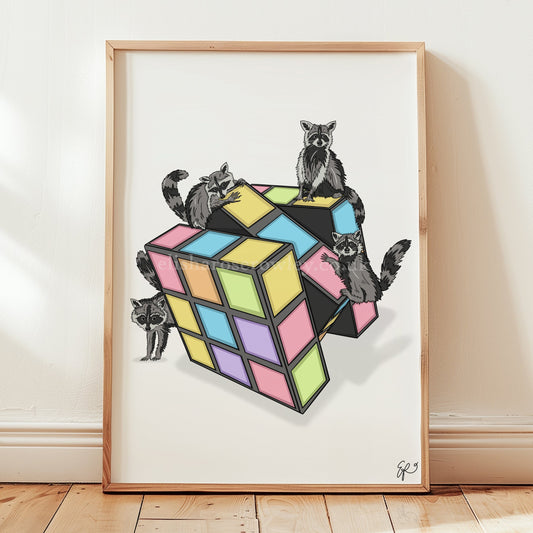 Rubiks Racoons - Racoons Solving a Rubiks Cube, Games Room/Bedroom Wall Art Print