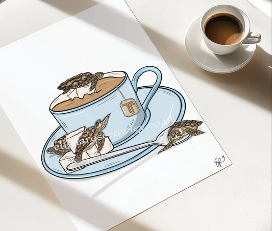 Turtle Tea - Sea Turtles with a Cup of Tea, Kitchen Wall Art Print