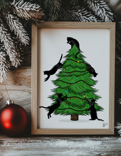 Merry Cat-Mas! Hand-drawn and Illustrated Art Print, Cats climbing the Christmas Tree!