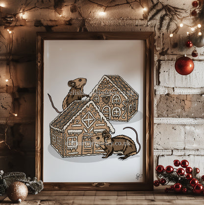 Gingerbread Mice! Hand-drawn and Illustrated Art Print. Mice eating Gingerbread Houses!