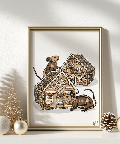 Gingerbread Mice! Hand-drawn and Illustrated Art Print. Mice eating Gingerbread Houses!