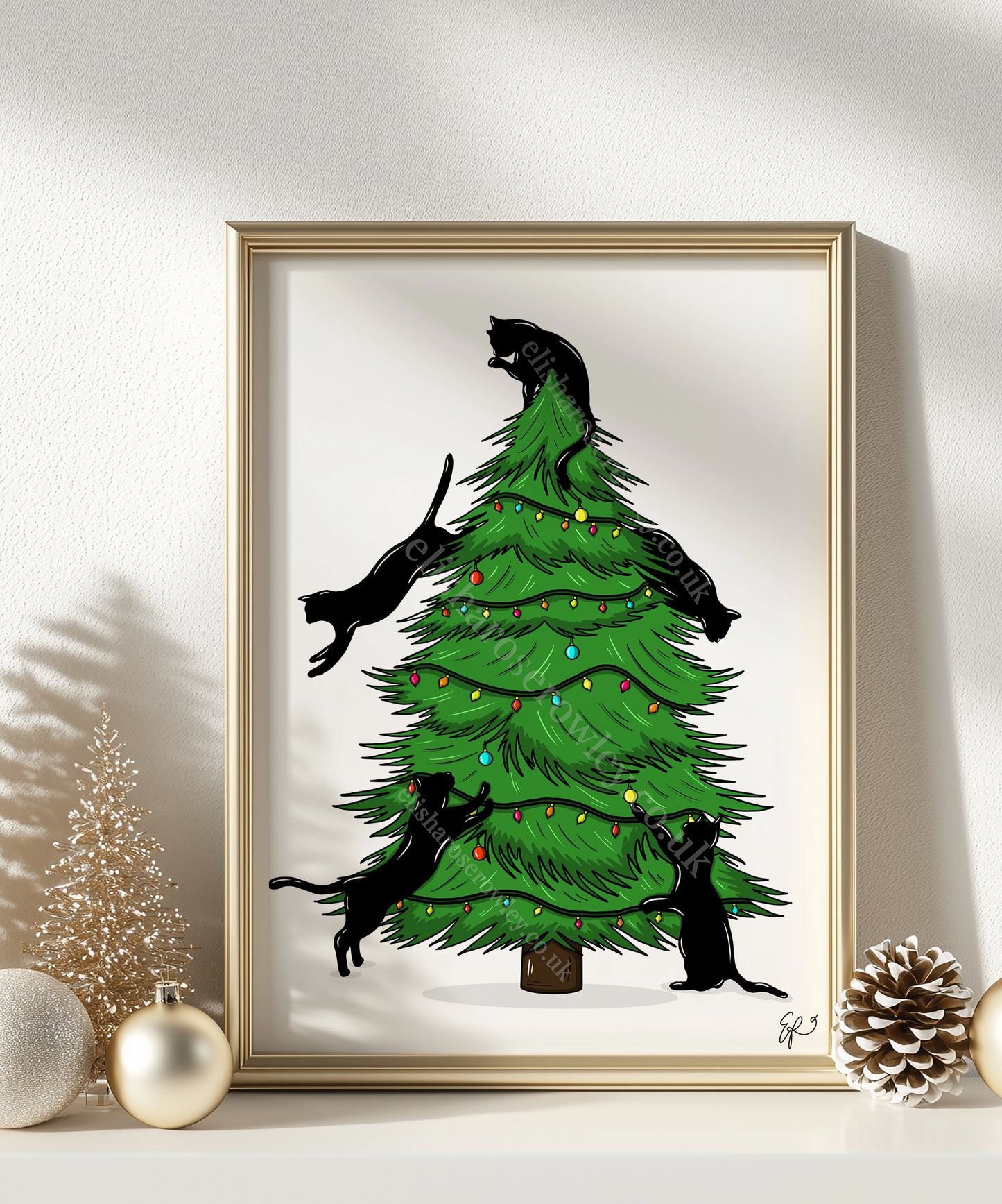 Merry Cat-Mas! Hand-drawn and Illustrated Art Print, Cats climbing the Christmas Tree!