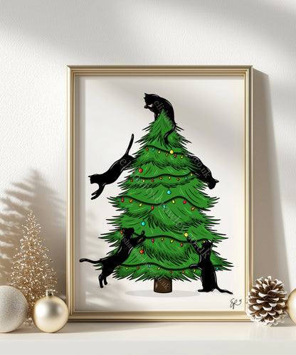 Merry Cat-Mas! Hand-drawn and Illustrated Art Print, Cats climbing the Christmas Tree!