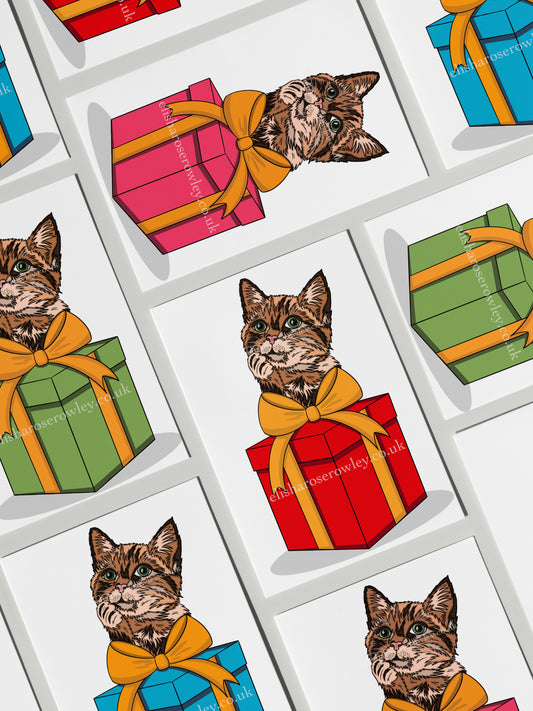 A Cat's Gift, Birthday/Christmas/Every-Day Greeting Card A5, 4 Colours