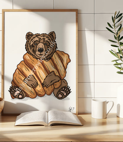 Breakfast Bear, Croissant Bear - Kitchen Art Print