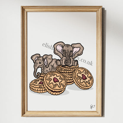 Elephant Biscuits! Baby Elephants and Jam Biscuits, Kitchen/Nursery Wall Art Print