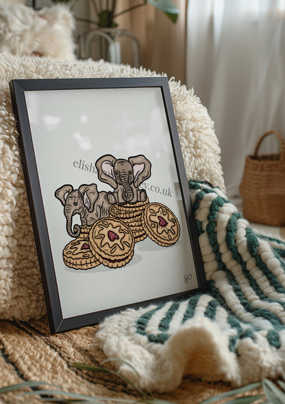 Elephant Biscuits! Baby Elephants and Jam Biscuits, Kitchen/Nursery Wall Art Print