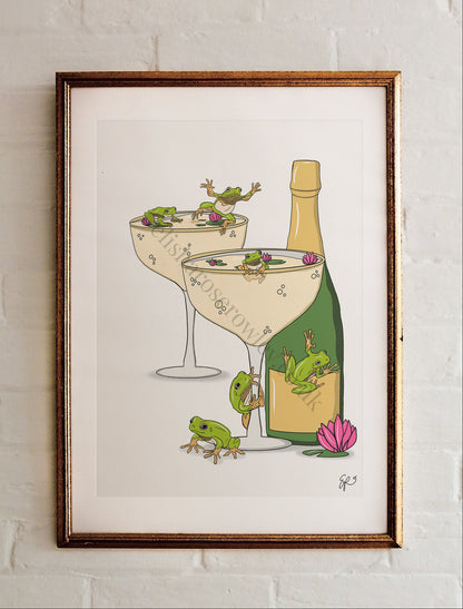 Fizzy Frogs - Frogs in Champagne Cocktail Glass, Kitchen Wall Art Print