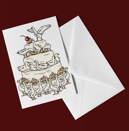 The Geese Cake Card, Birthday/Celebration/Wedding Goose Greeting Card, Bird Gift - A5