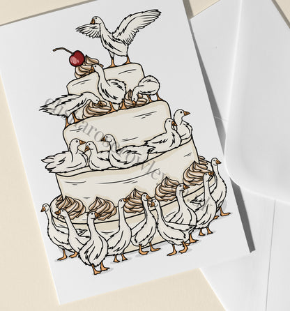 The Geese Cake Card, Birthday/Celebration/Wedding Goose Greeting Card, Bird Gift - A5