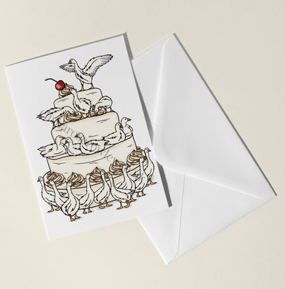 The Geese Cake Card, Birthday/Celebration/Wedding Goose Greeting Card, Bird Gift - A5