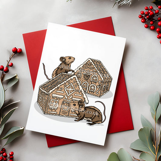 Gingerbread Mice! Hand-drawn and Illustrated Greeting Card, A6 or A5