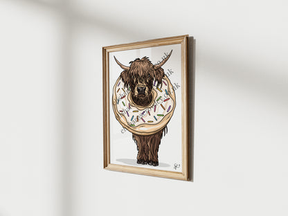 The Donut Cow, Highland Cow Calf in a Donut - Kitchen Art Print