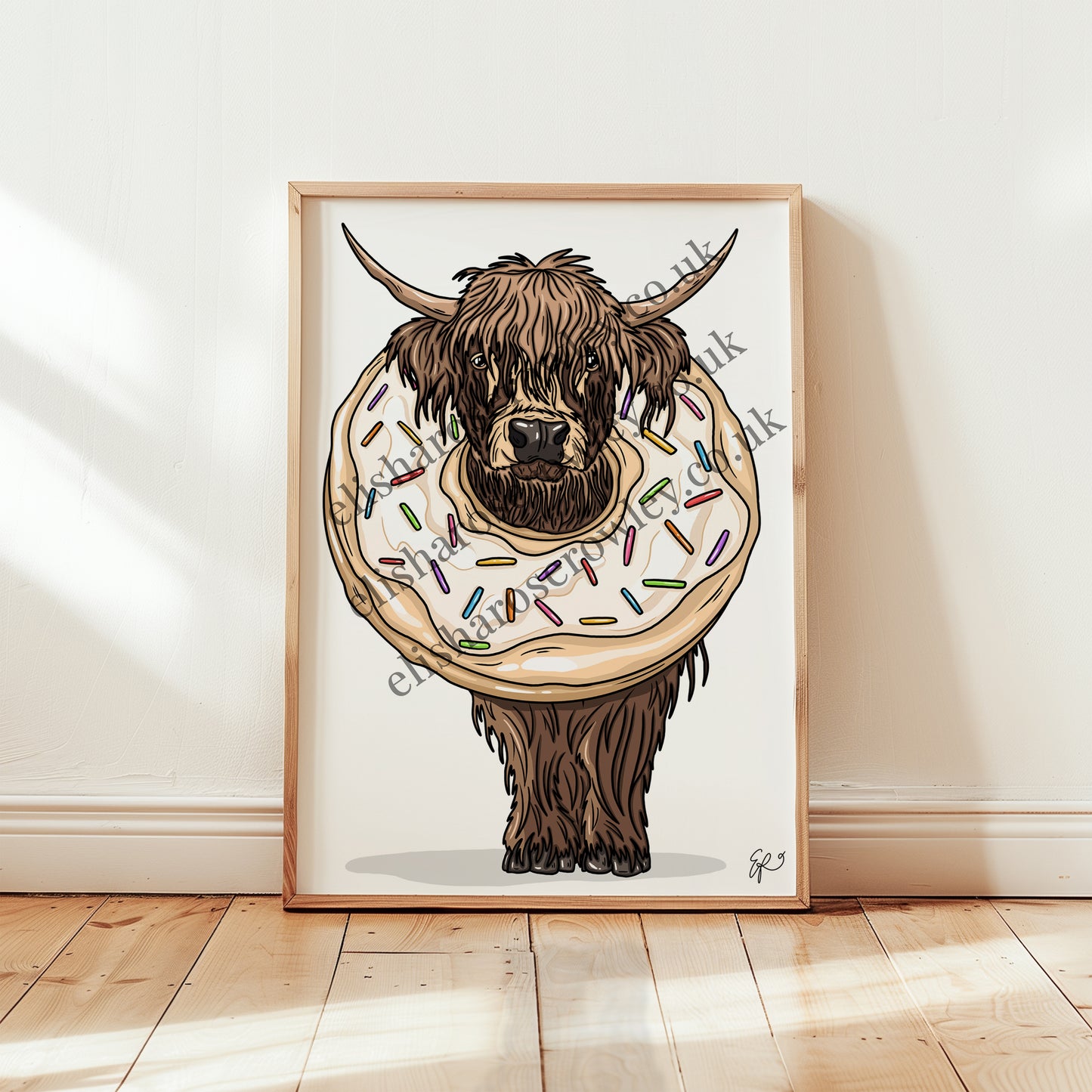 The Donut Cow, Highland Cow Calf in a Donut - Kitchen Art Print