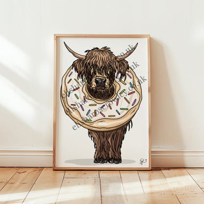 The Donut Cow, Highland Cow Calf in a Donut - Kitchen Art Print