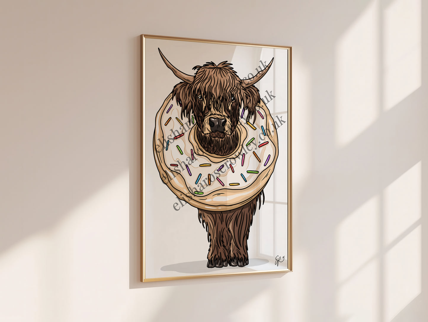 The Donut Cow, Highland Cow Calf in a Donut - Kitchen Art Print