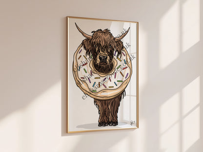 The Donut Cow, Highland Cow Calf in a Donut - Kitchen Art Print