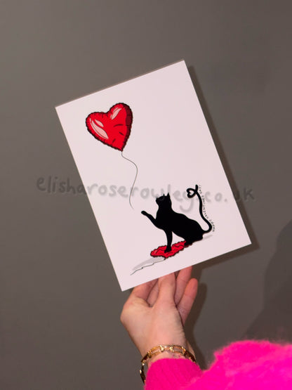 Cat Heart Balloon Valentine's/Anniversary Card! Hand-Drawn and Illustrated Card, A6 or A5, With or Without Text!