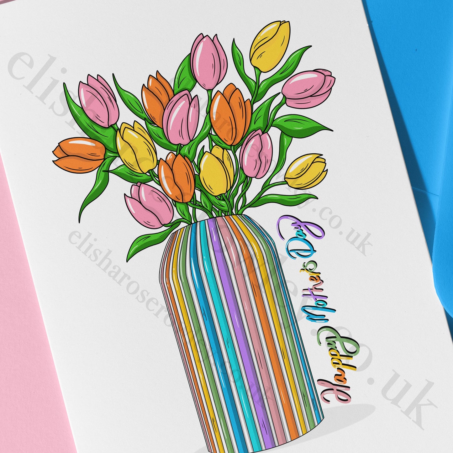 Rainbow Tulips, Springtime Floral Greeting Card - Blank/Birthday/Mother's Day