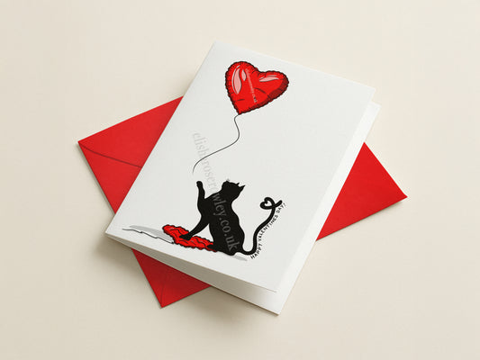 Cat Heart Balloon Valentine's/Anniversary Card! Hand-Drawn and Illustrated Card, A6 or A5, With or Without Text!