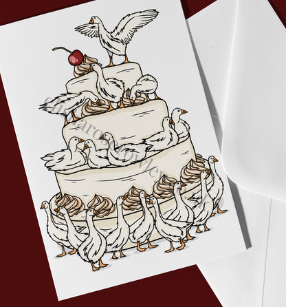 The Geese Cake Card, Birthday/Celebration/Wedding Goose Greeting Card, Bird Gift - A5