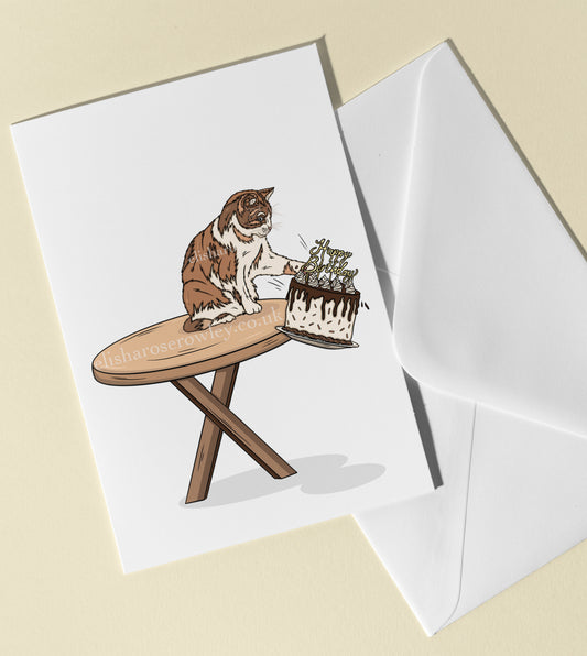 Cake Chaos, Birthday/Every-Day Greeting Card, Cat with a Birthday Cake A5