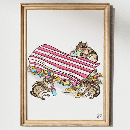 Chip 'N' Mix - Available in 2 Colours - Chipmunks eating Sweets, Kitchen/Bedroom Wall Art Print