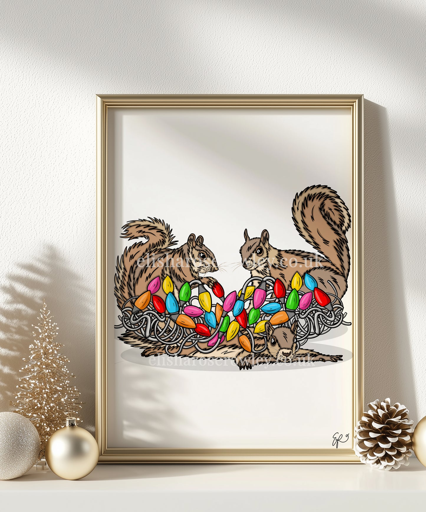 Merry Squirrels! Hand-drawn and Illustrated Art Print. Squirrels with Christmas Lights!