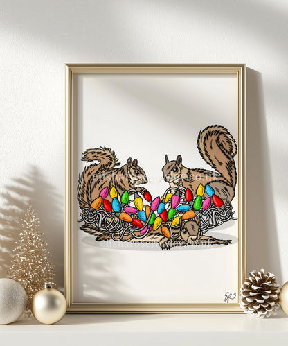 Merry Squirrels! Hand-drawn and Illustrated Art Print. Squirrels with Christmas Lights!