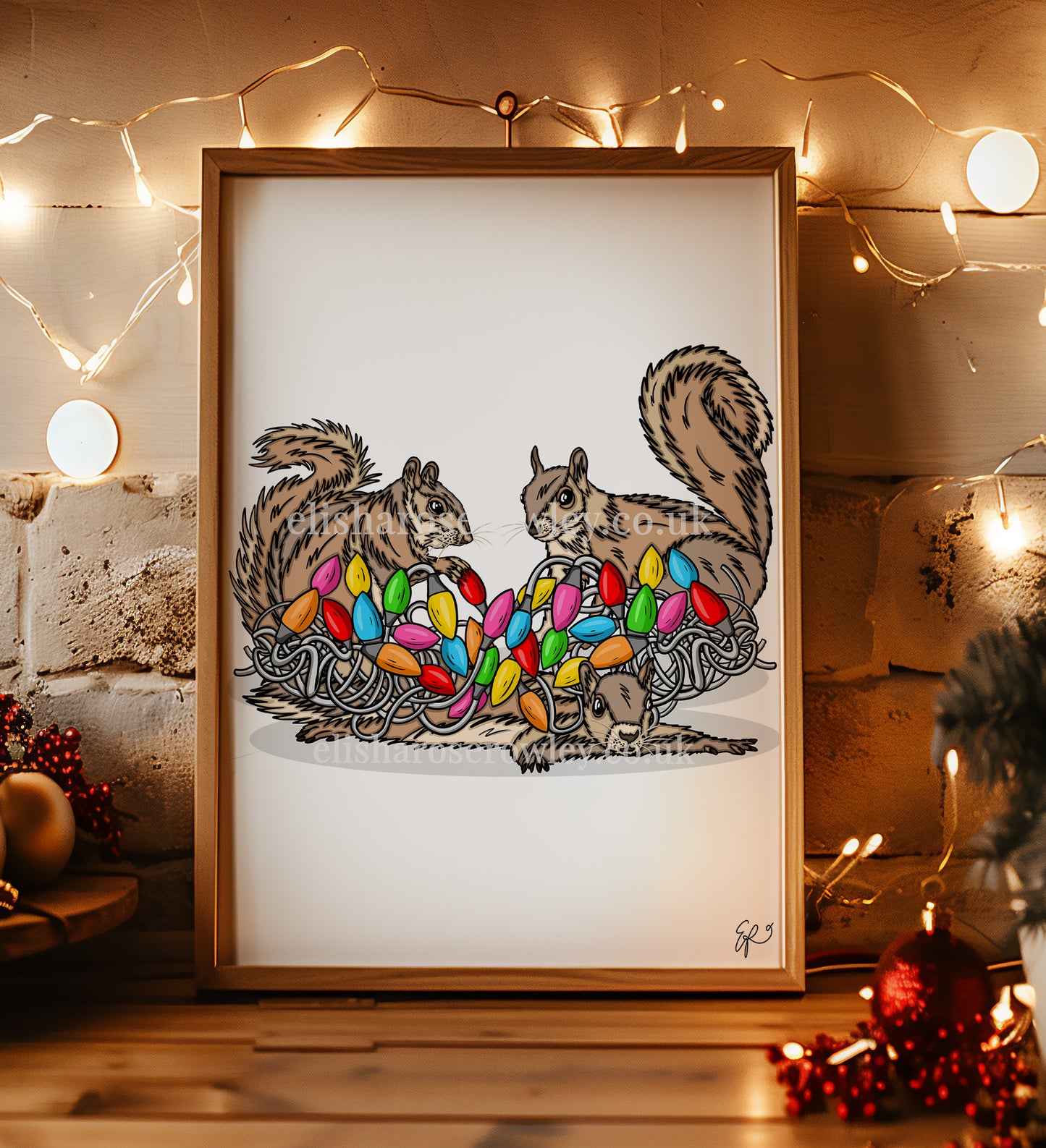 Merry Squirrels! Hand-drawn and Illustrated Art Print. Squirrels with Christmas Lights!