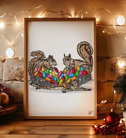 Merry Squirrels! Hand-drawn and Illustrated Art Print. Squirrels with Christmas Lights!