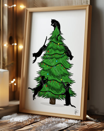 Merry Cat-Mas! Hand-drawn and Illustrated Art Print, Cats climbing the Christmas Tree!
